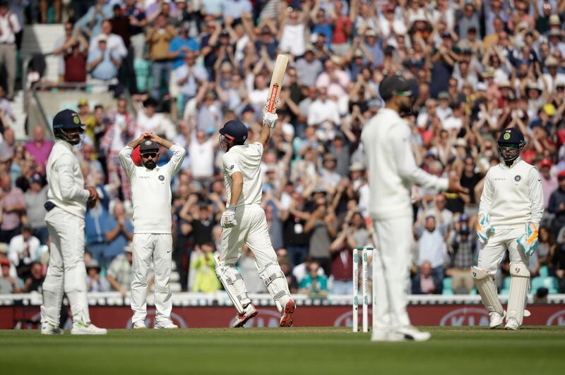 Cook celebrates reaching his century. His score of 147 is the highest by any batsman in the second innings of his final Test, beating his compatriot R Subba Row’s 137, which was also scored at The Oval against Australia in 1961. AP Photo