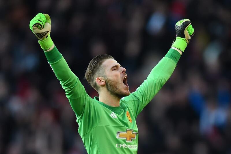 David De Gea of Manchester United celebrates victory during the Barclays Premier League match between Manchester United and Arsenal at Old Trafford on February 28, 2016 in Manchester, England. (Photo by Laurence Griffiths/Getty Images)