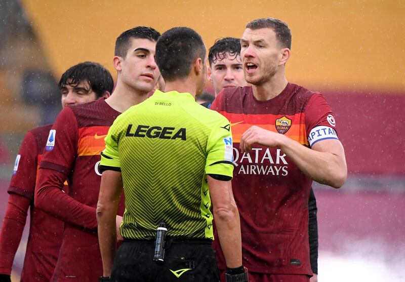 Roma's Edin Dzeko remonstrates with the referee. Reuters