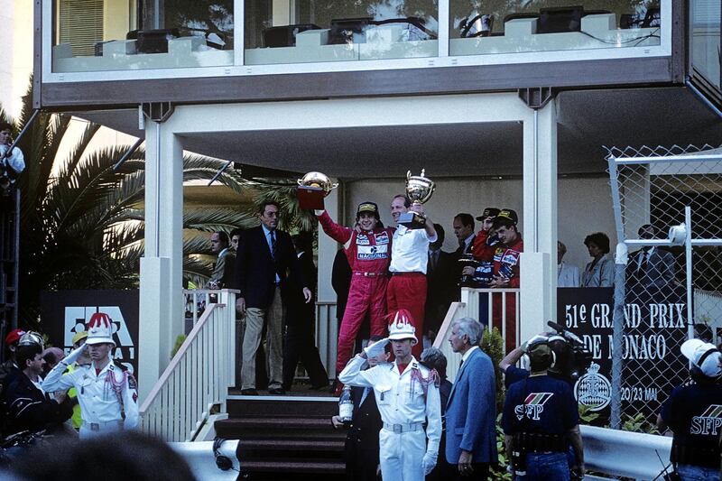 Ayrton Senna, Ron Dennis, Jean Alesi, Grand Prix of Monaco, Circuit de Monaco, 23 May 1993. Ayrton Senna celebrating his victory in the 1992 Monaco Grand Prix with McLaren boss Ron Dennis. (Photo by Paul-Henri Cahier/Getty Images)