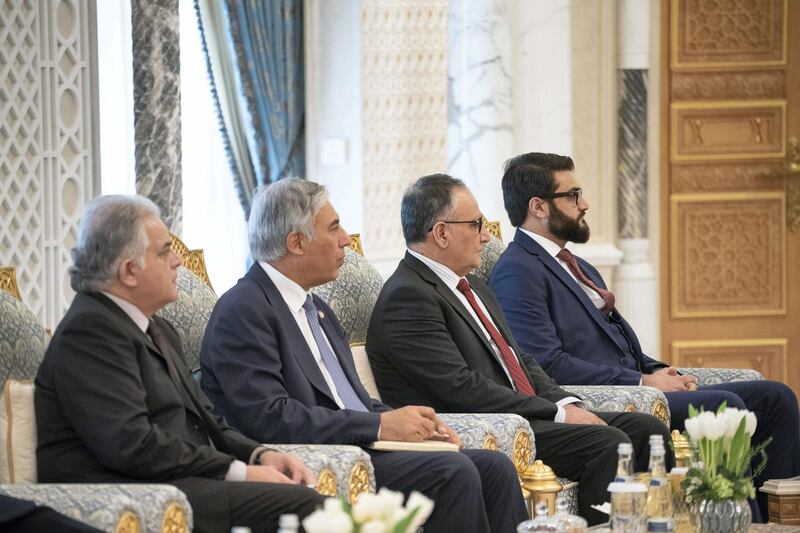 ABU DHABI, UNITED ARAB EMIRATES - March 17, 2019: HE Hamdullah Mohib, National Security Advisor of Afghanistan (R), HE Humayun Qayoumi, Minister of Finance of Afghanistan (2nd L), and other members of the delegation accompanying HE Ashraf Ghani, President of Afghanistan (not shown), attend a meeting at the Presidential Palace. 
( Ryan Carter / Ministry of Presidential Affairs )?