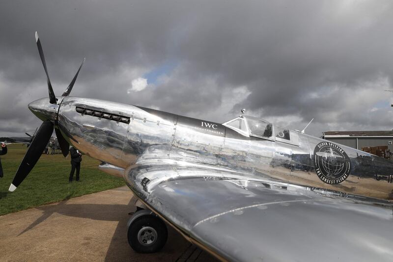 The restored World War II Silver Spitfire plane will be used in a round-the-world flight attempt. Adrian Dennis / AFP