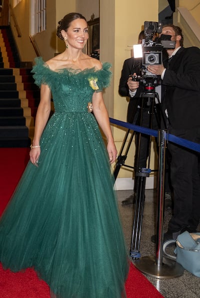 She chose green Jenny Packham and royal accessories for dinner hosted by Patrick Allen, Governor-General of Jamaica on March 23, 2022. PA 