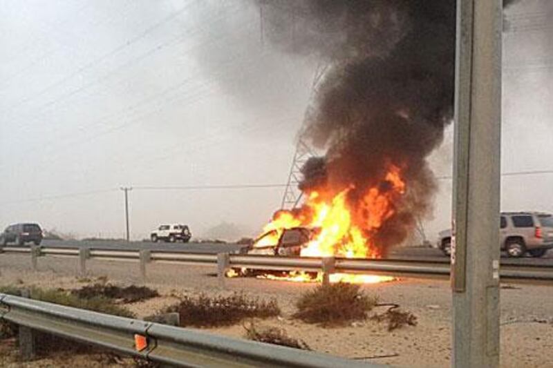 A saloon burst into flames on Sheikh Mohammed Bin Zayed Road in Ajman moments after the driver fled from it.