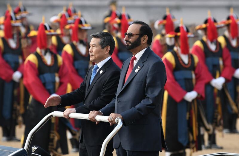 Mohammed Al Bawardi, Minister of State for Defence Affairs, joins Jeong Kyeong-doo, Minister of Defence for South Korea, at a welcoming ceremony in Seoul. All pictures courtesy AFP