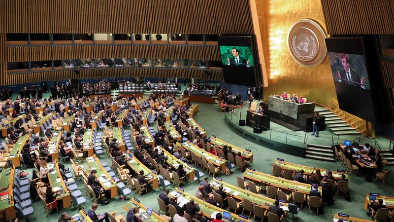 French President Emmanuel Macron adresses the UN General Assembly at the UN headquarters on September 25, 2018, in New York. AFP