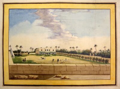 Hanmer Warrington was the British Consul General at Tripoli on the Barbary Coast for 32 years. His private villa near Tripoli, depicted here, was completed in 1820. In 1816, after apparently being impressed with the site of Leptis Magna, Warrington decided to take some of the ancient city's stonework to the UK as a gift to the royal family. 