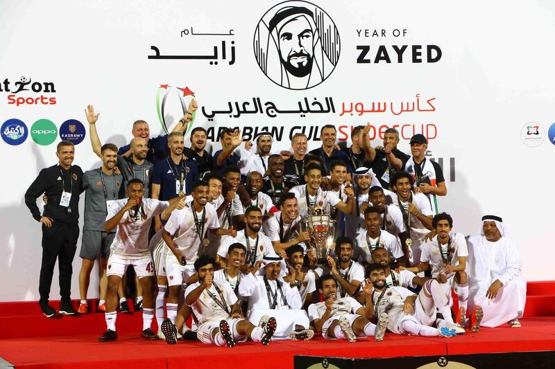 Al Wahda celebrate UAE Super Cup success following a penalty shoot-out victory over Al Ain in the Arabian Gulf Super Cup match played in Cairo, Egypt. Courtesy AGL