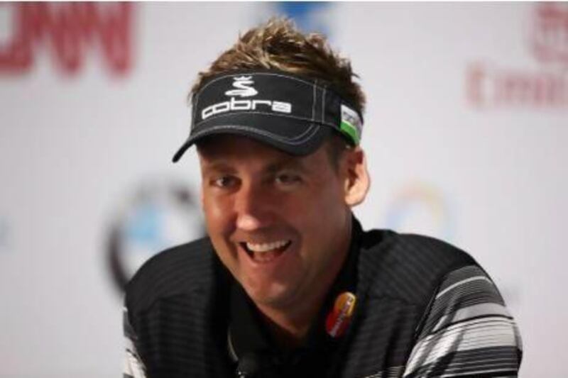 Ian Poulter talks to media during the press conference at the Jumeirah Golf Estates in Dubai.
