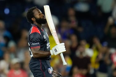 United States' Aaron Jones reacts after hitting the winning runs during the men's T20 World Cup cricket match between the United States and Canada at Grand Prairie Stadium, in Grand Prairie, Texas, Saturday, June 1, 2024.  (AP Photo / Julio Cortez)