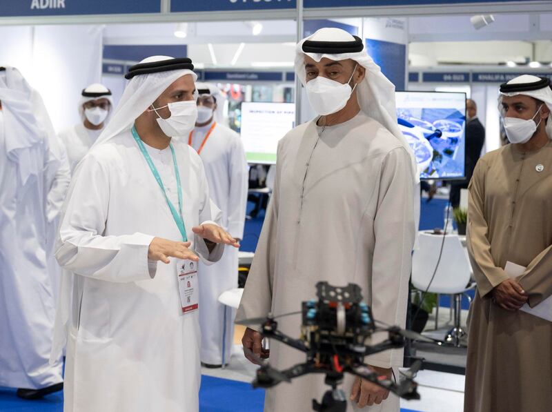 Sheikh Mohamed bin Zayed, Crown Prince of Abu Dhabi and Deputy Supreme Commander of the Armed Forces, views the latest in drone technology.