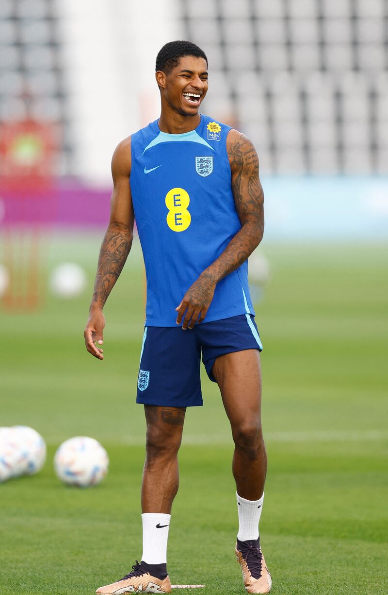 Marcus Rashford has a laugh during training. Reuters