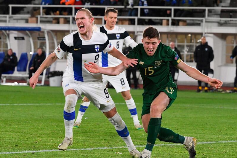 Finland's Fredrik Jensen, left, celebrates after scoring the winning goal against the Republic of Ireland in the Nations League match on Wednesday, October 14. AP