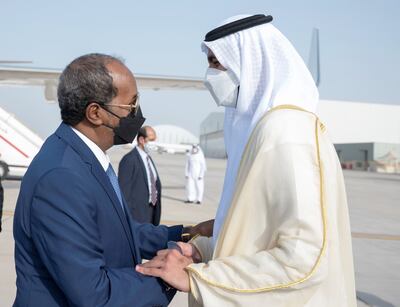 Sheikh Shakhbout bin Nahyan, UAE's Minister of State, with Somalia's President Hassan Sheikh Mohamud. Photo: Ministry of Presidential Affairs