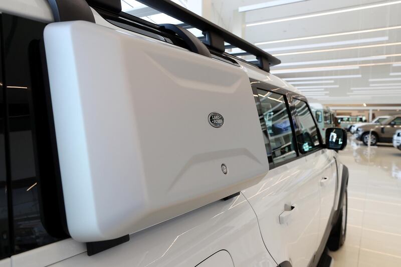 DUBAI, UNITED ARAB EMIRATES , June 27 – 2020 :- Extra storage on the Land Rover Defender SE model on display at the Land Rover Defenders showroom on Sheikh Zayed Road in Dubai. (Pawan Singh / The National) For Motoring. Story by Simon