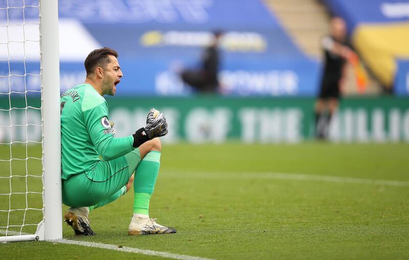 West Ham United goalkeeper Lukasz Fabianski celebrates after Leicester City's Harvey Barnes has his goal disallowed. PA