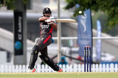 Basil Hameed of UAE playing a shot during the World Cup League 2 cricket match against Scotland. Pawan Singh / The National