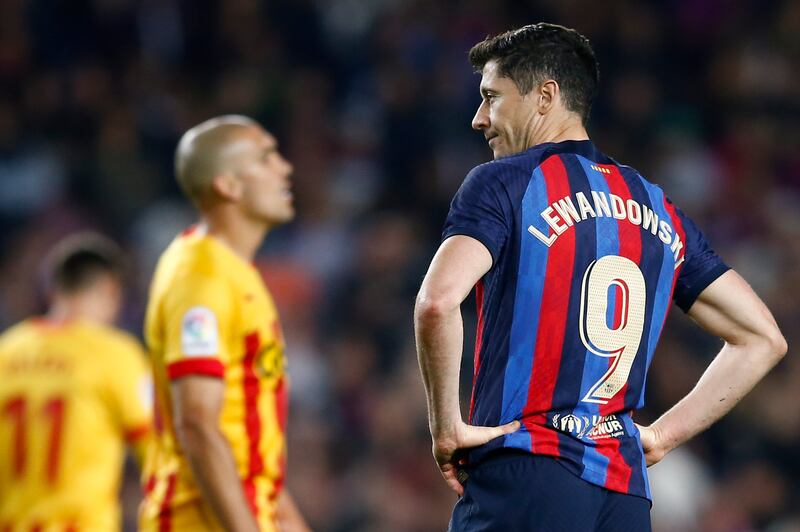 FC Barcelona striker Robert Lewandowski reacts during the Spanish LaLiga soccer match between FC Barcelona and Girona, in Barcelona, Spain, 10 April 2023.   EPA / Quique Garcia