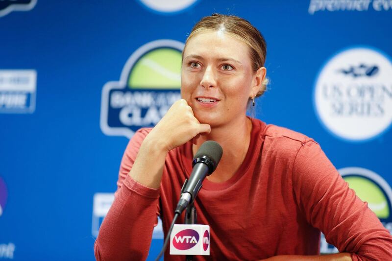 Jul 31, 2017; Palo Alto, CA, USA; Maria Sharapova (RUS) conducts a post game interview after defeating Jennifer Brady (USA) in the Bank of the West Classic tennis tournament at Stanford University. Mandatory Credit: Stan Szeto-USA TODAY Sports