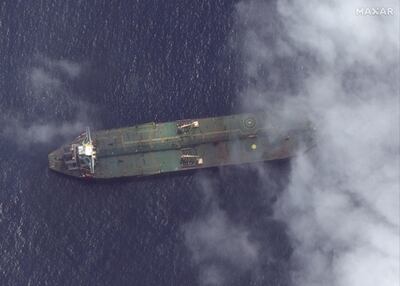 epa07826189 A satellite photo made available by MAXAR Technologies on 07 September 2019 shows a satellite image of the Adrian Darya-1 oil tanker off the coast of Tartus, Syria, 06 September 2019. The Iranian oil tanker 'Adrian Darya 1', loaded with some 2.1 million barrels of oil and formerly know as the 'Grace 1', was seized by Gibraltar authorities on 04 July on  suspicion of delivering Iranian oil to Syrian Banyas refinery in violation of EU sanctions.  EPA/SATELLITE IMAGE ©2019 MAXAR TECHNOLOGIES / HANDOUT (Satellite image © 2018 DigitalGlobe, a Maxar company) HANDOUT EDITORIAL USE ONLY/NO SALES