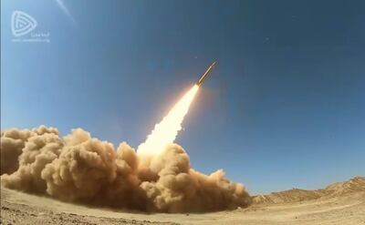 A handout video grab by the official website of the Iranian military official website Imamedia shows surface-to-surface Khaibar-buster missiles launched in an undisclosed location in Iran. EPA