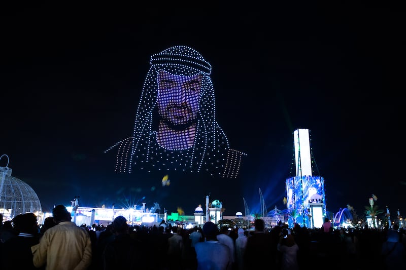 A drone display shows Sheikh Mohamed bin Zayed, Crown Prince of Abu Dhabi and Deputy Supreme Commander of the Armed Forces, at Sheikh Zayed Heritage Festival in Al Wathba, Abu Dhabi. Victor Besa / The National