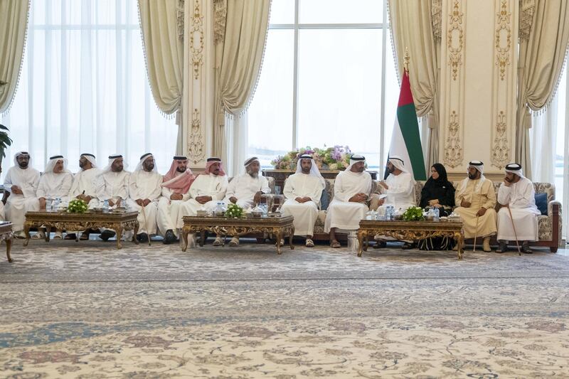 ABU DHABI, UNITED ARAB EMIRATES - April 22, 2019: HH Sheikh Mohamed bin Zayed Al Nahyan, Crown Prince of Abu Dhabi and Deputy Supreme Commander of the UAE Armed Forces (5th R) meets with HH Sheikh Mohamed bin Rashid Al Maktoum, Vice-President, Prime Minister of the UAE, Ruler of Dubai and Minister of Defence (4th R), during a Sea Palace barza. Seen with HH Sheikh Suroor bin Mohamed Al Nahyan (R), HH Sheikh Tahnoon bin Mohamed Al Nahyan, Ruler's Representative in Al Ain Region (2nd R), HE Dr Amal Abdullah Al Qubaisi, Speaker of the Federal National Council (FNC) (3rd R) and HH Sheikh Mohamed bin Saud bin Saqr Al Qasimi, Crown Prince and Deputy Ruler of Ras Al Khaimah (6th R).

( Rashed Al Mansoori / Ministry of Presidential Affairs )
---
