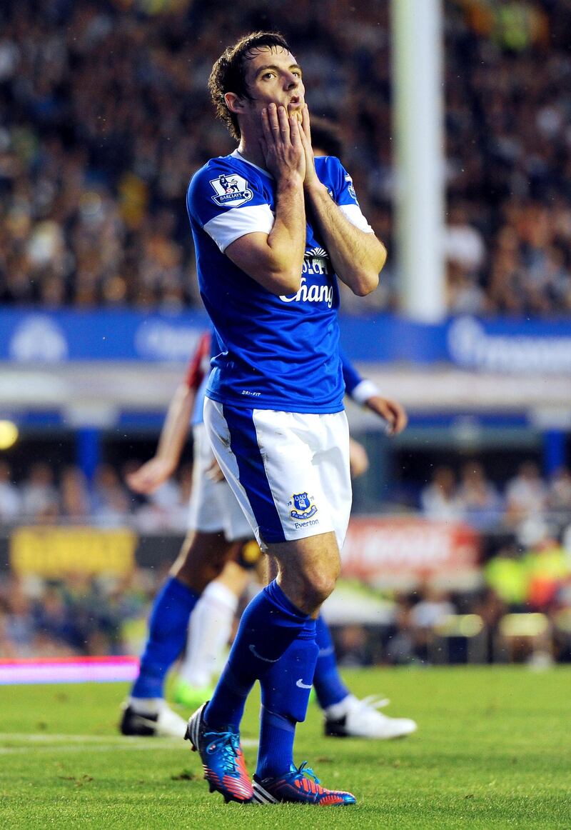 LIVERPOOL, ENGLAND - AUGUST 20:  Leighton Baines of Everton reacts to a missed chance during the Barclays Premier League match between Everton and Manchester United at Goodison Park on August 20, 2012 in Liverpool, England.  (Photo by Michael Regan/Getty Images)