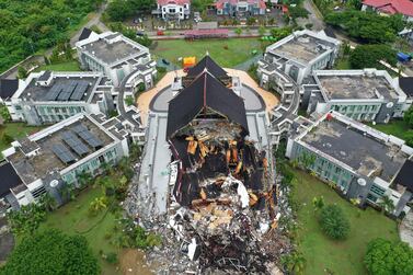 The damaged official residence of the governor of West Sulawesi province following an earthquake on January 15, 2021. Antara Foto via Reuters