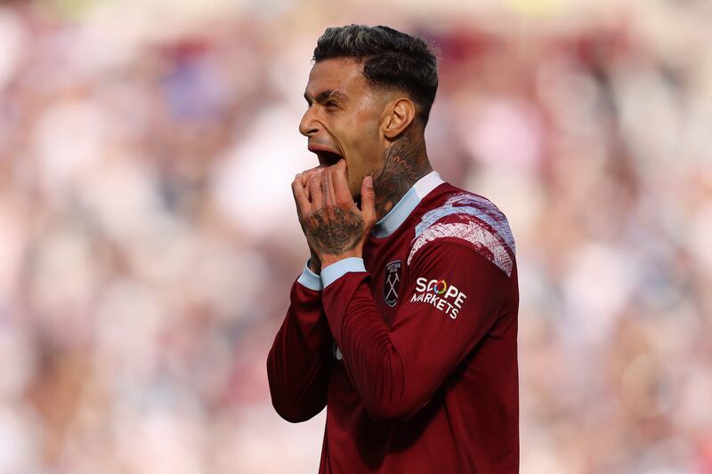 West Ham's Gianluca Scamacca after missing a chance in the first half. Getty