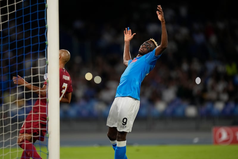 Napoli's Victor Osimhen after missing a penalty. AP