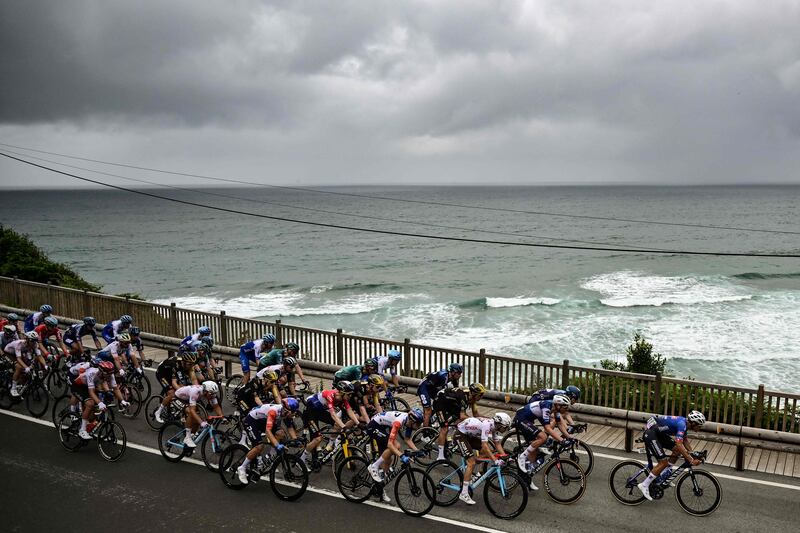 The pack ride along the Bay of Biscay coastline. AFP