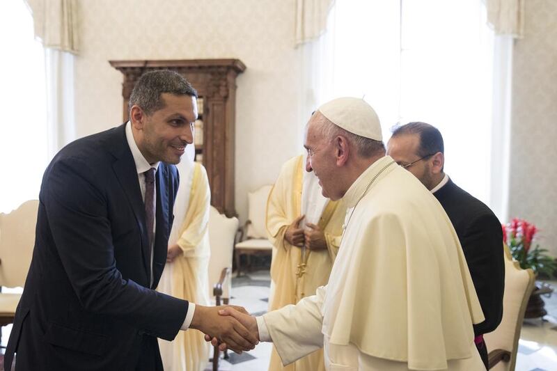 Pope Francis greets Khaldoon Khalifa Al Mubarak, CEO and managing director, Mubadala, and Chairman of the Abu Dhabi Executive Affairs Authority. Ryan Carter / Crown Prince Court - Abu Dhabi