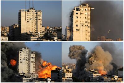 A combination picture shows a tower building before and after it was destroyed by Israeli air strikes amid a flare-up of Israeli-Palestinian violence, in Gaza City, May 12, 2021. REUTERS/Ibraheem Abu Mustafa     TPX IMAGES OF THE DAY