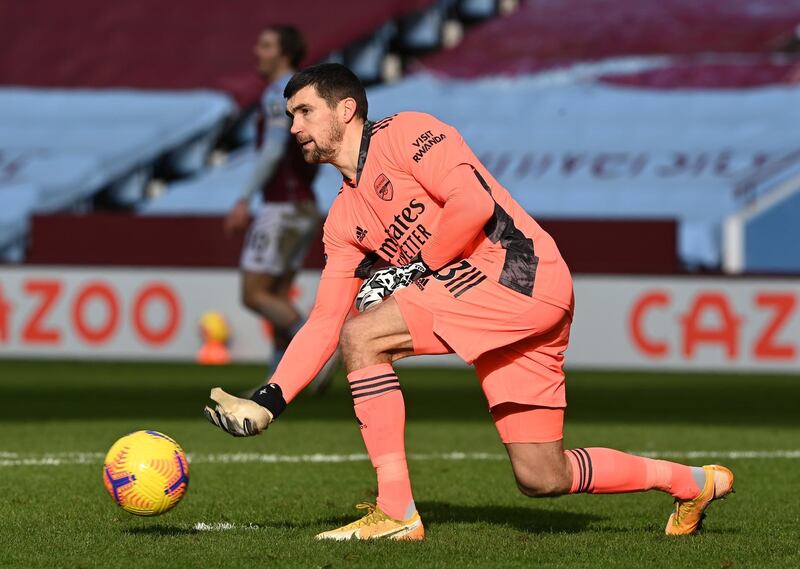 BIRMINGHAM, ENGLAND - FEBRUARY 06:  Mathew Ryan of Arsenal rolls the ball out during the Premier League match between Aston Villa and Arsenal at Villa Park on February 06, 2021 in Birmingham, England. Sporting stadiums around the UK remain under strict restrictions due to the Coronavirus Pandemic as Government social distancing laws prohibit fans inside venues resulting in games being played behind closed doors. (Photo by Shaun Botterill/Getty Images)