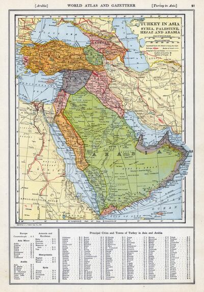 1923, Turkey, Syria, Palestine, Hejaz, Arabia, World Atlas. Getty Images