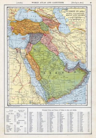 1923, Turkey, Syria, Palestine, Hejaz, Arabia, World Atlas. Getty Images