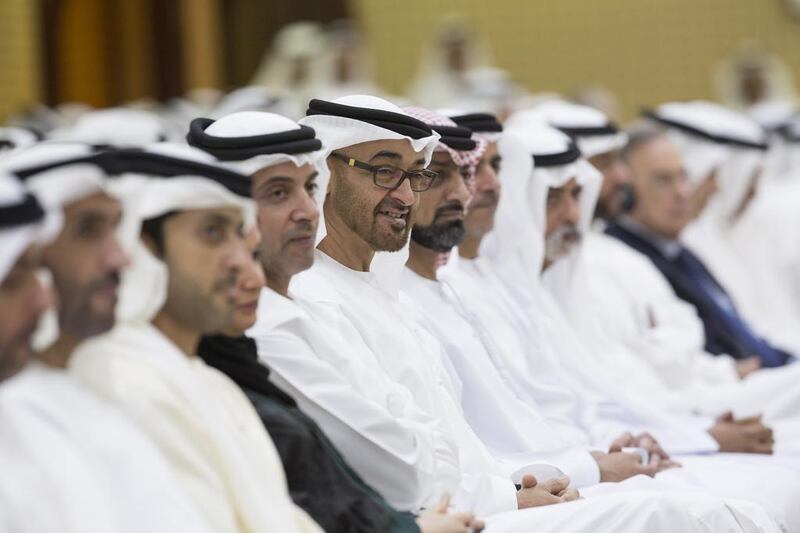 Sheikh Mohammed bin Zayed, Crown Prince of Abu Dhabi and Deputy Supreme Commander of the Armed Forces, at a lecture by Mohamed Alabbar, the founder and chairman of Emaar Properties. Ryan Carter / Crown Prince Court - Abu Dhabi 