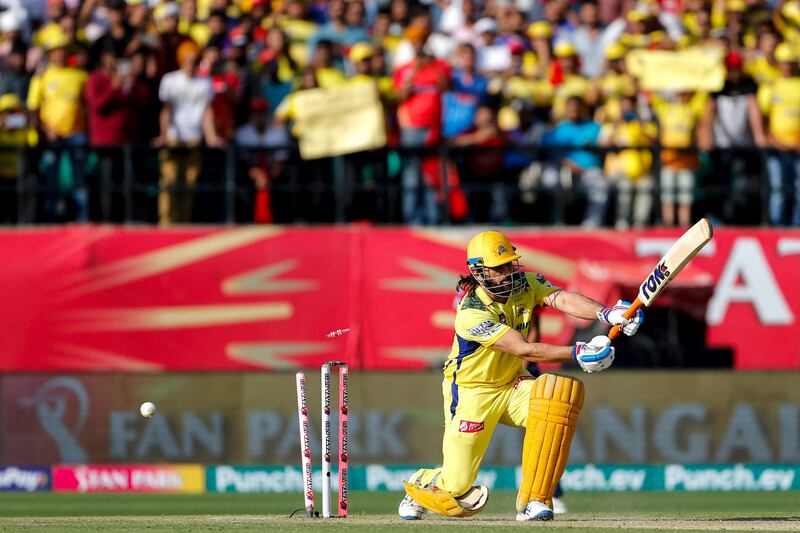 Chennai Super Kings batter MS Dhoni is bowled out by Punjab Kings' Harshal Patel for a golden duck. AFP