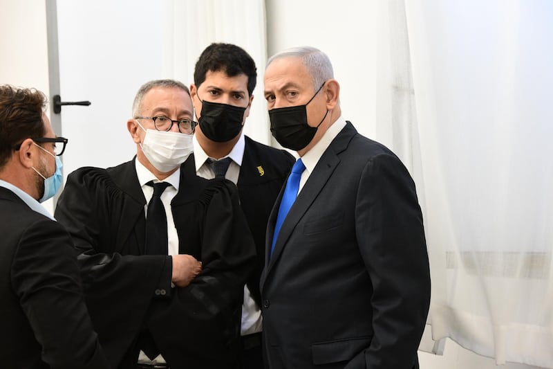 Israeli Prime Minister Benjamin Netanyahu (R) arrives to attend a hearing for his trial over alleged corruption crimes, at the Jerusalem district court, in Salah El-Din, East Jerusalem. Netanyahu returned to court to formally respond to charges of bribery, fraud and breach of trust, just weeks ahead of the national elections.  EPA