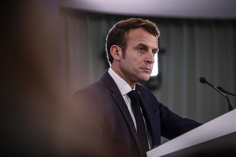 HERTFORD, ENGLAND - DECEMBER 04: French President Emmanuel Macron gives a press conference at the NATO summit at the Grove hotel on December 4, 2019 in Watford, England. France and the UK signed the Treaty of Dunkirk in 1947 in the aftermath of WW2 cementing a mutual alliance in the event of an attack by Germany or the Soviet Union. The Benelux countries joined the Treaty and in April 1949 expanded further to include North America and Canada followed by Portugal, Italy, Norway, Denmark and Iceland. This new military alliance became the North Atlantic Treaty Organisation (NATO). The organisation grew with Greece and Turkey becoming members and a re-armed West Germany was permitted in 1955. This encouraged the creation of the Soviet-led Warsaw Pact delineating the two sides of the Cold War. This year marks the 70th anniversary of NATO. (Photo by Dan Kitwood/Getty Images)