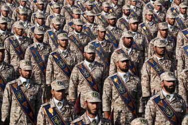 A handout picture made available by the presidential office shows Iranian soldiers during the annual military parade marking the Iraqi invasion in 1980, in Tehran, Iran, 22 September 2019. EPA