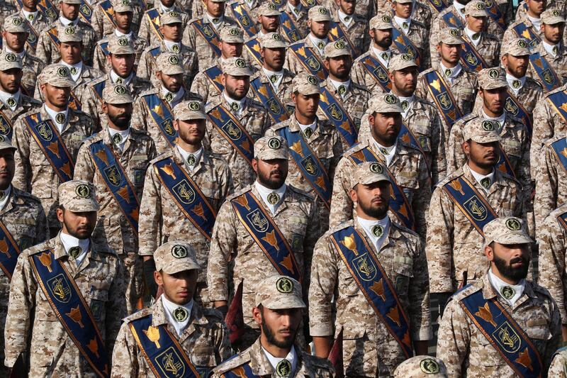 epa07860408 A handout picture made available by the presidential office shows Iranian soldiers  during the annual military parade marking the Iraqi invasion in 1980, which led to an eight-year-long war (1980-1988), in Tehran, Iran, 22 September 2019. Media reported that Rouhani said that he would present a cooperation plan for peace in the region during the UN summit in New York.  EPA/Iranian President Office HANDOUT  HANDOUT EDITORIAL USE ONLY/NO SALES