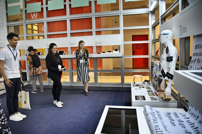 People attend the Global Grad Show, showcasing graduate projects, during the Dubai Design Week at the Dubai Design District, Dubai, UAE, on Monday, Nov. 11, 2019. (Photos by Shruti Jain - The National)