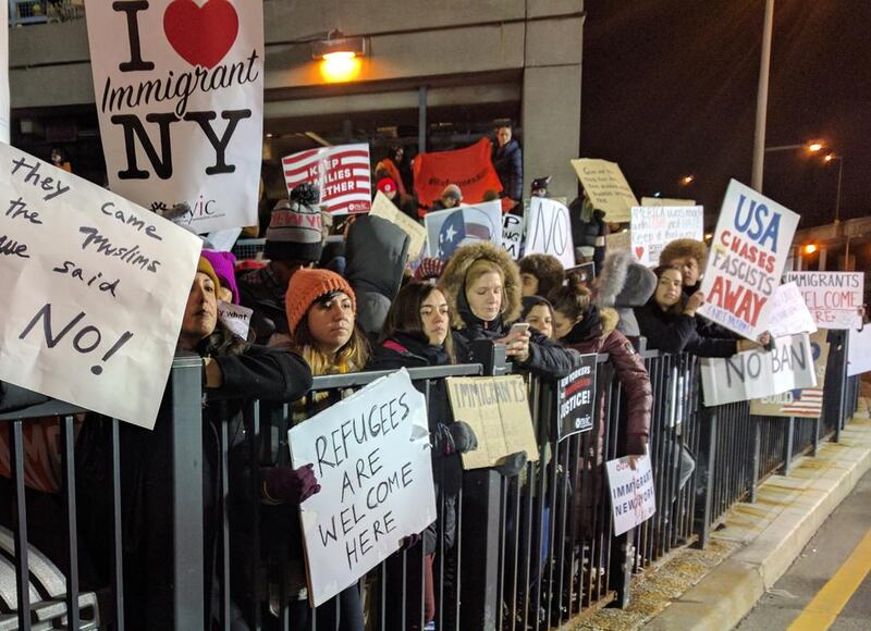 People protesting over Donald Trump's immigration ban at the JFK International airport in New York, USA. Zainab Sultan for The National