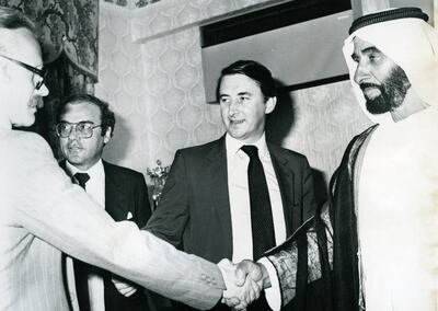 Peter Hellyer, Zaki Nusseibeh, cultural adviser to the President, David Steel and the UAE Founding Father, Sheikh Zayed bin Sultan Al Nahyan, circa 1975. Picture provided by Zaki Nusseibeh