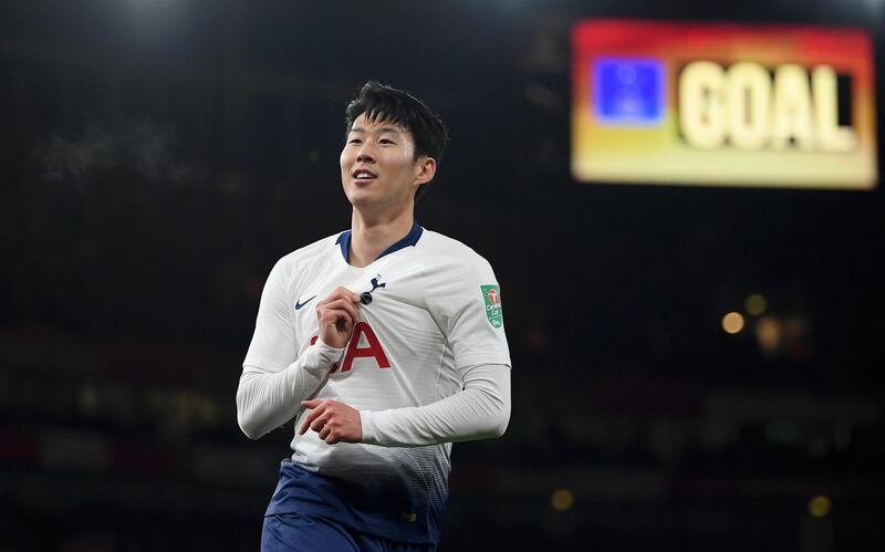 Son Heung-min celebrates after scoring his team's first goal during the Carabao Cup Quarter Final match between Arsenal and Tottenham Hotspur at Emirates Stadium on December 19, 2018. Getty Images