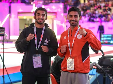 Zayed Al Katheeri, left, and Khaled Al Shehi of the UAE are both going for gold on the final day of the 15th Abu Dhabi World Professional Jiu-Jitsu Championship. Victor Besa / The National
