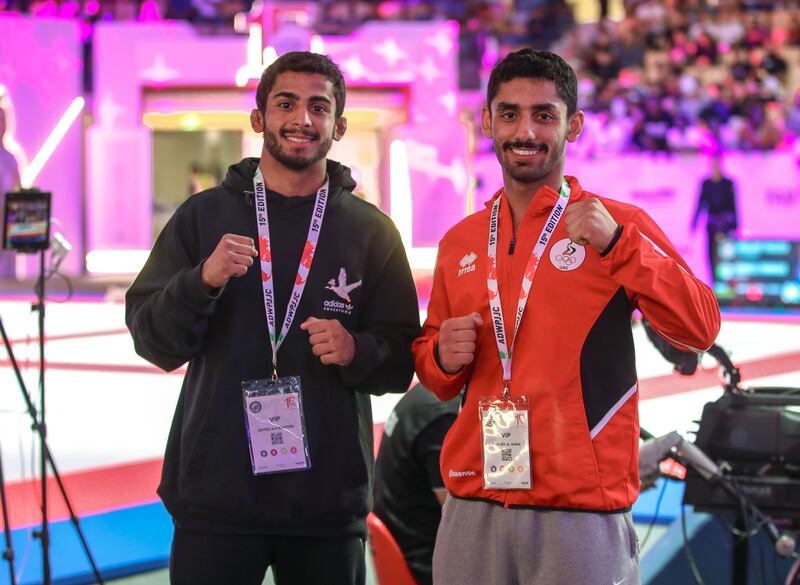 Zayed Al Katheeri, left, and Khaled Al Shehi of the UAE are both going for gold on the final day of the 15th Abu Dhabi World Professional Jiu-Jitsu Championship. Victor Besa / The National