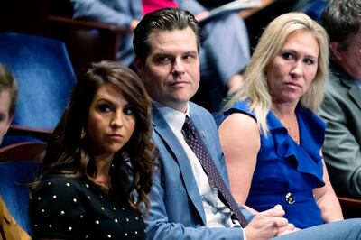 US Congresswoman Lauren Boebert, left, with colleagues Matt Gaetz and Marjorie Taylor Greene during a House Judiciary Committee oversight hearing last October. AP Photo